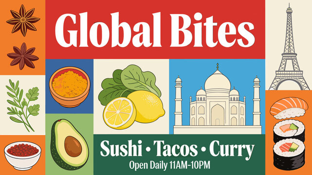 Global Bites: A vibrant collage showcasing diverse international cuisines including sushi, tacos, and curry, with iconic landmarks like the Eiffel Tower and Taj Mahal, alongside fresh ingredients.