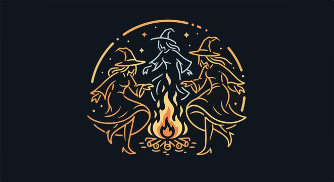 Three witches dance around a mystical campfire under a starry sky