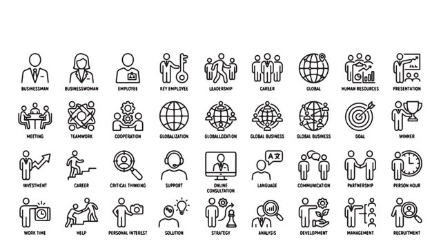 Comprehensive Corporate Business Strategy and Human Resources Labeled Line Icon Set with Professional Workforce Development Vector Elements