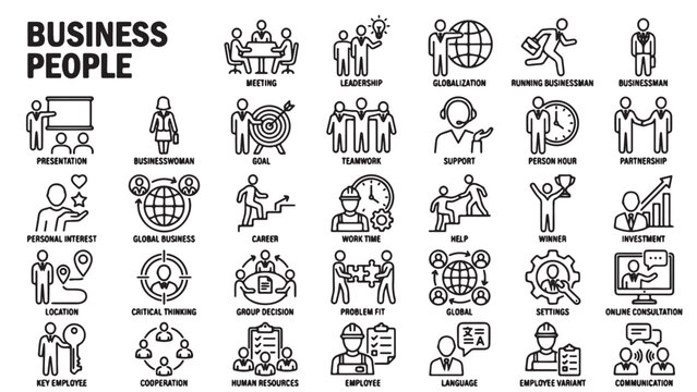 Labeled Business People and Corporate Management Line Icon Set with Professional Workforce Core Competencies and Teamwork Vector Elements
