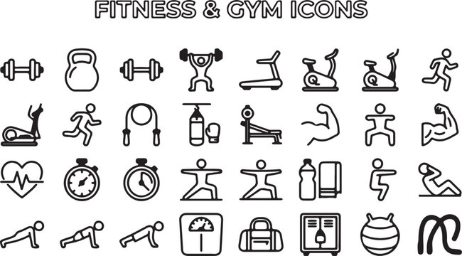 Assorted fitness and gym icons set, including weights, treadmill, and yoga poses