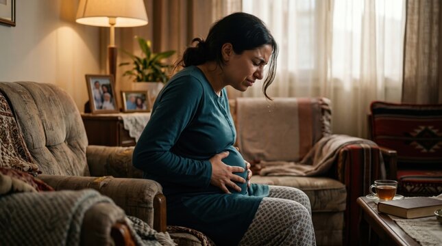 Pregnant Hispanic woman in teal top holding her belly in severe pain, experiencing contractions or labor complications in a warm-lit cozy living room; ideal for healthcare media.