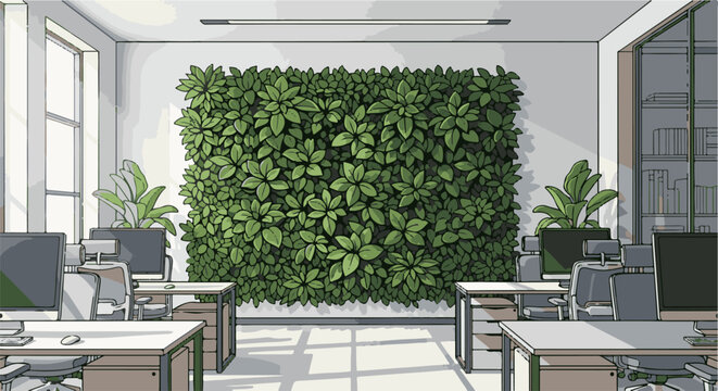 Modern office interior with a large green living wall, desks, and computers