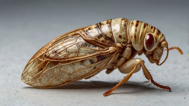 Detailed, isolated cicada exoskeleton shell on pure white background, golden-brown, translucent wings