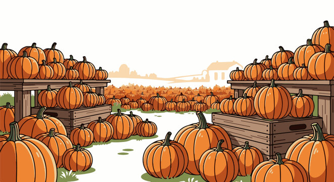 A vast pumpkin patch filled with orange gourds arranged on wooden stands and crates