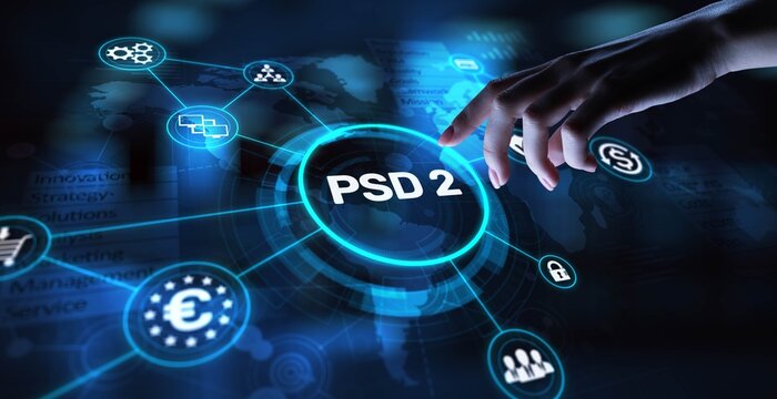 PSD2 Payment Services Directive 2 Enhancing Payment Security and Innovation, projection on a virtual screen, Business and Technology Concept.