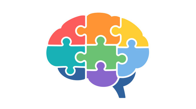 Colorful puzzle brain silhouette formed by rainbow pieces.