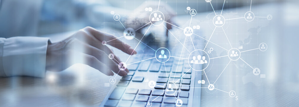 Global Business Networking and Communication Visualized on a Futuristic Digital Interface.