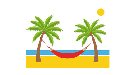 Fototapeta premium Tropical beach scene with palm trees, hammock, sun, and ocean waves