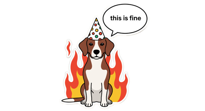 Dog wearing party hat surrounded by flames saying this is fine.