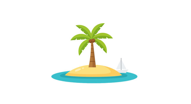 Tropical island with palm tree and sailboat in blue ocean, isolated on white