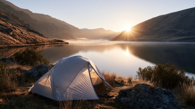 Tent by mountain lake at sunrise, empty campsite glowing with golden light, glassy water reflecting jagged peaks and pastel sky, low mist drifting over pebble shoreline, cool crisp air, backpack