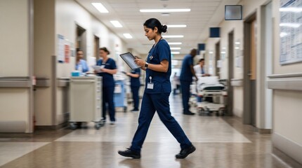 Obraz premium Focused female South Asian nurse in blue scrubs walking through a busy hospital corridor while checking patient data on a digital tablet, bright professional lighting, medical concept.