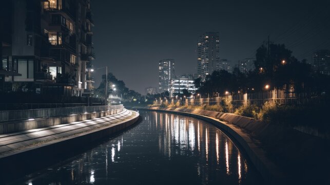 Serene Nighttime View of a Calm Urban River Surrounded by Modern Buildings and Reflected City Lights in a Quiet Metropolitan Landscape