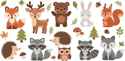 Fototapeta premium Cute Woodland Forest Animal Collection Featuring Fox Deer Bear Rabbit Raccoon Wolf Hedgehog and Owl Cartoon Vector Set