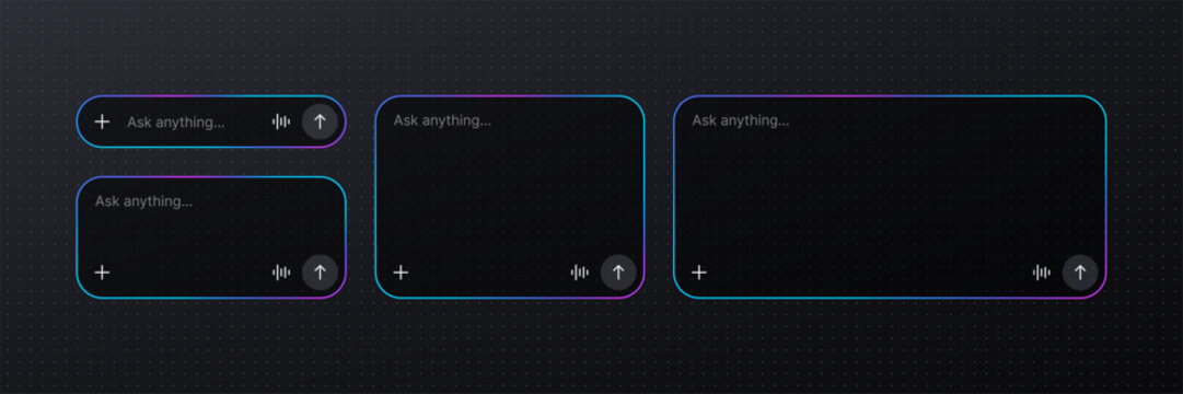 Artificial intelligence prompt box ui elements with neon border. Digital chat interface for machine learning request. Modern software application input field for internet search query.