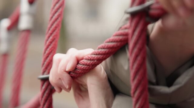Closeup hands gripping red rope playground climbing frame, adult steadying on textured nylon strands with metal clip detail, focused fingertips and knuckles, blurred urban park background, sense