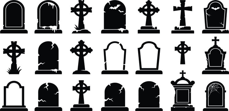 Halloween Tombstone Silhouette Collection with Cemetery Grave Markers Crosses Memorial Stones and Gothic Graveyard Vector Illustration Set
