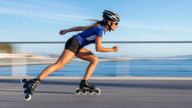 Inline Skater Racing Along Coastal Promenade