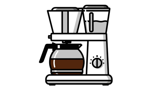 Modern white coffee maker with glass carafe filled with coffee.