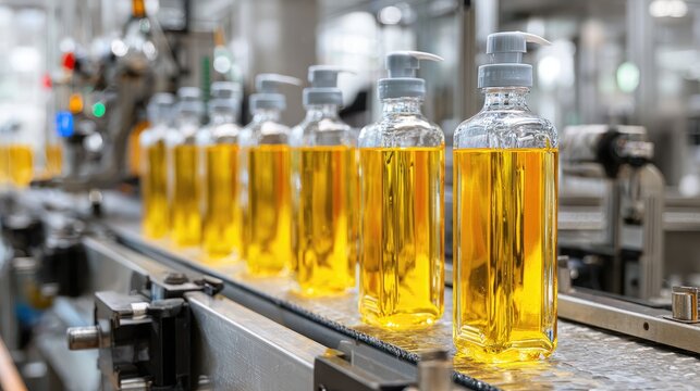 Bottled liquid with pumps moves down a manufacturing line