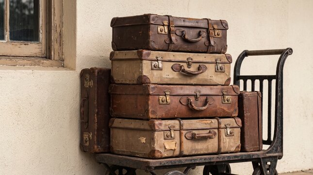 A stack of weathered, vintage leather and fabric suitcases resting on an antique iron luggage trolley at an old train station platform.