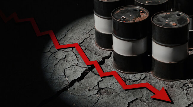 Oil barrels sit on cracked dry ground. Red downward trending graph indicates falling commodity prices. Energy market collapse, financial crisis concept illustration.