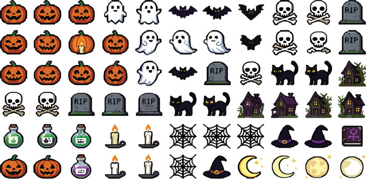 Pixel Art Halloween Icon Collection with Pumpkins Ghosts Bats Skulls Tombstones and Spooky Retro Game Elements Vector Set
