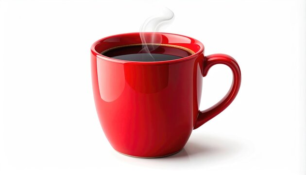 A bright red mug overflows with dark, steaming coffee on a white background