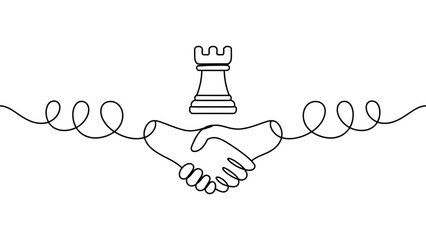  minimalist one line handshake illustration with chess rook symbol, continuous line drawing representing partnership, strategy, trust, teamwork and business agreement concept © VectorCraze