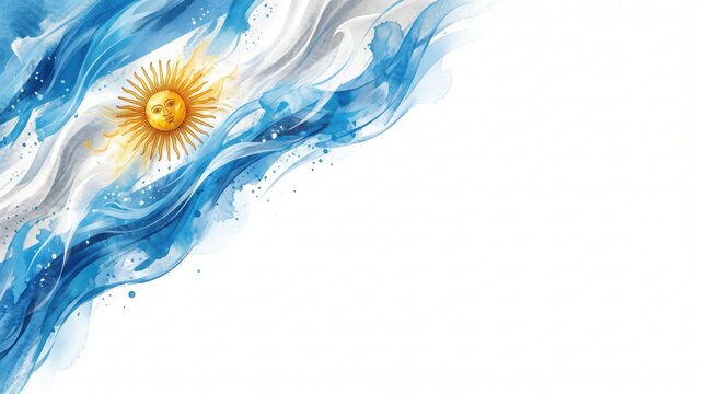 Abstract Argentina Flag Watercolor Background with Sun of May for World Cup 2026 National Celebration and Football Match Win or Goal Concept