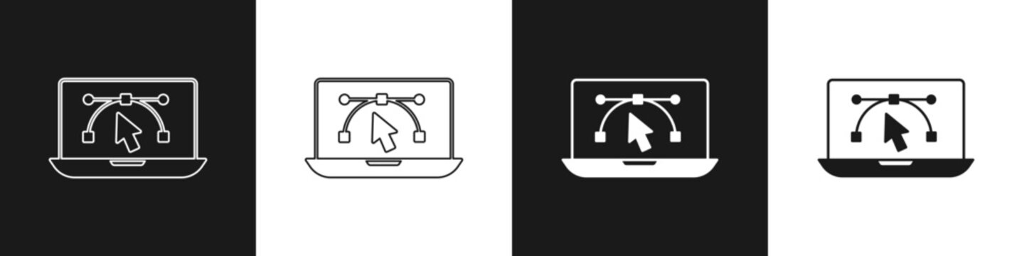 Set Computer display with vector design program icon isolated on isolated on black and white background. Photo editor software with user interface. Vector