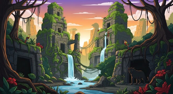 Ancient jungle temple ruins with waterfalls and tropical wildlife illustration