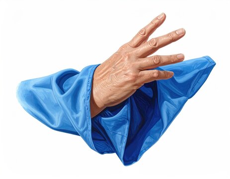 A hand emerges from blue fabric, fingers splayed in a gesture