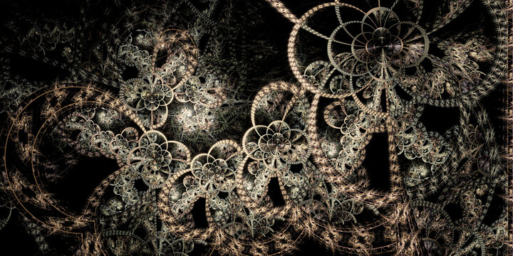Intricate gothic lace and steampunk fractal abstract background on black, featuring detailed bronze metallic patterns for vintage luxury designs