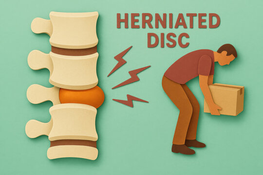 Papercraft illustration demonstrating herniated disc spinal injury from improper lifting technique with anatomical vertebrae model and worker figure on green background