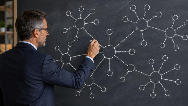 Focused business consultant sketching network pattern on chalkboard. This visual supply chain mapping shows connection and strategy for future corporate planning
