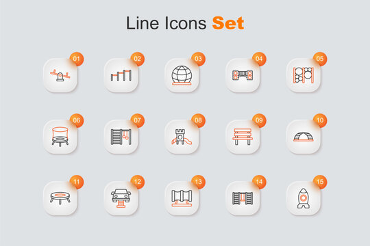 Set line Rocket ship toy, Swedish wall, Kid playground slide pipe, Swing car, Jumping trampoline, Monkey bar, Bench and Slide icon. Vector
