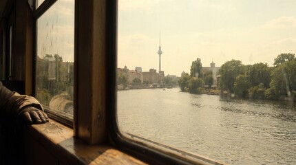 Obraz premium A scenic view of the Berlin TV Tower and Spree River taken from the window of a boat, featuring a nostalgic, warm vintage atmosphere.