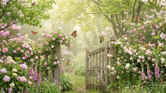 Open rustic wooden gate leading into an enchanted cottage garden with blooming pink roses, flying butterflies, and hazy golden sunbeams, ideal for romantic fairytale backdrop designs.