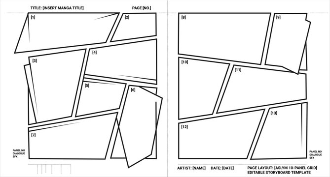 Editable vector template of a comic book page layout with a dynamic grid of irregularly shaped and numbered panels. Ideal for manga artists, comic creators, and writers to storyboard and plan.