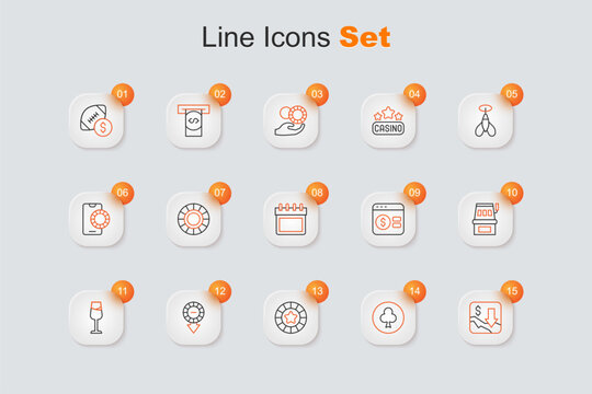 Set line Financial growth decrease, Playing card with clubs symbol, Casino chips, Wine glass, Slot machine, Online poker table game and Calendar icon. Vector