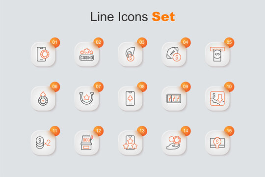 Set line Stacks paper money cash, Hand holding casino chips, Online sports betting, Slot machine, Casino with dollar, Financial growth decrease, jackpot and poker table game icon. Vector