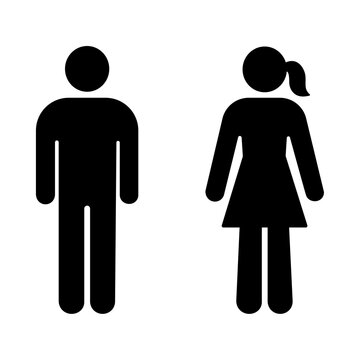 Simple black silhouettes of male and female person icons isolated on white background for public restroom signage or social demographic gender identification representing diversity and equal.