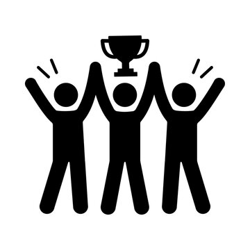 Success team celebrating victory together with winner trophy cup icon flat vector illustration of three people standing with raised hands isolated on white background achievement concept graphic.