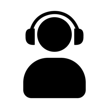 Customer support assistant icon with headphones person silhouette flat vector illustration of call center operator or music listener profile headset communication symbol isolated on white background.