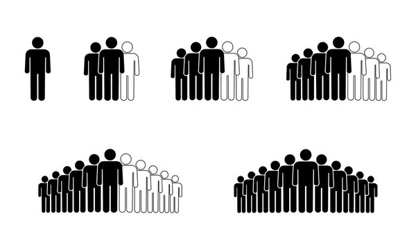 Group of stylized stick figures showing population growth stages from single person to large crowd of people standing in rows isolated on white background for demographic or social statistical data.