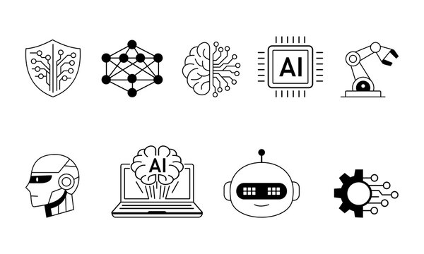 Collection of modern technology and artificial intelligence icons showing machine learning neural networks robotics and cybernetic brains for digital transformation and automation business concepts.
