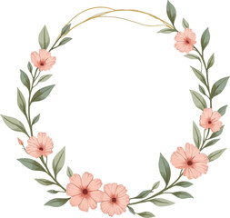 Fototapeta premium Floral Circular Frame with Pink Hibiscus Flowers and Green Leaves