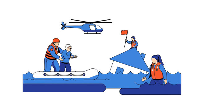 Rescue Operation: Helicopter, Boat, and Survivors in Water
